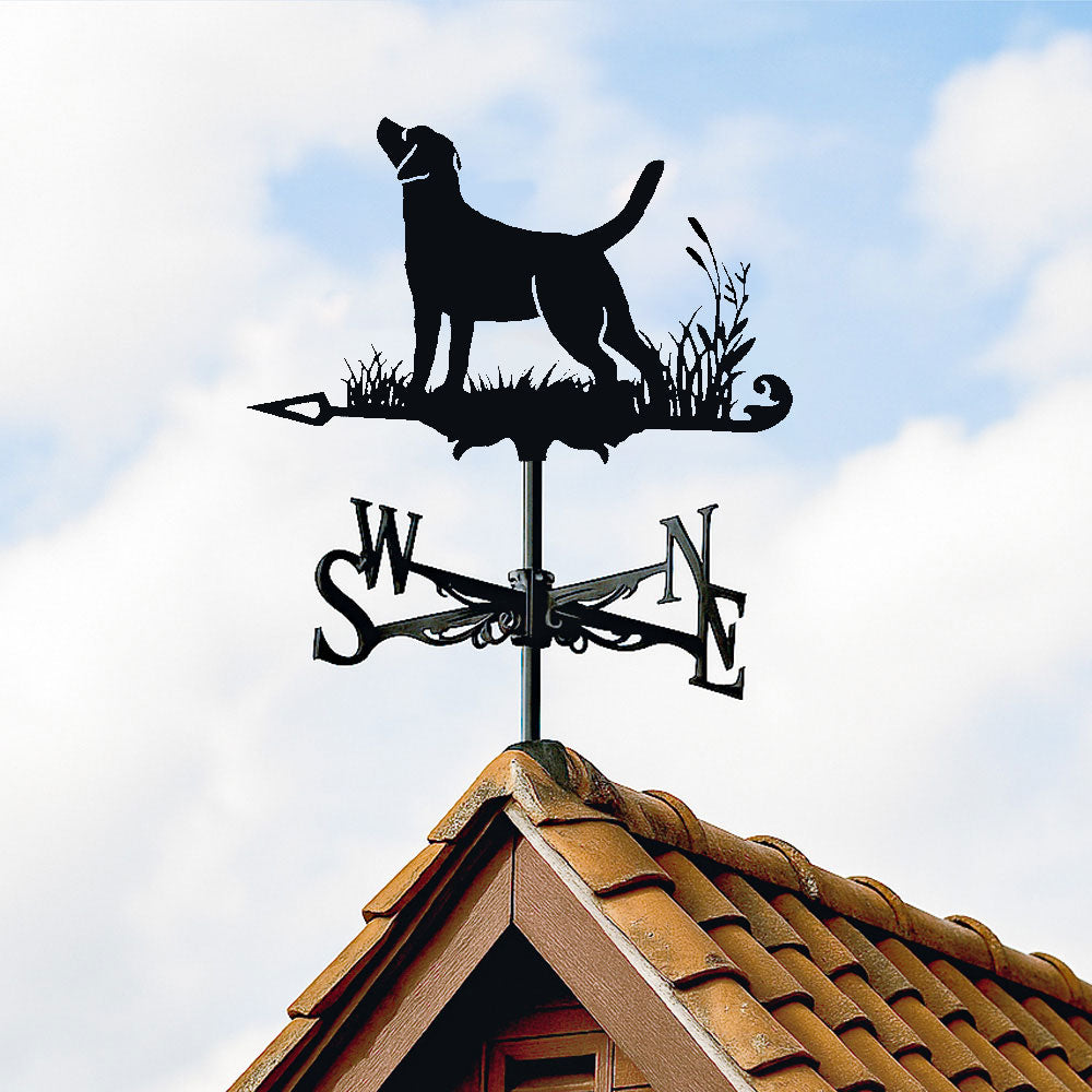 Labrador retriever metal weather vane with directional arrows and mounting rod, outdoor roof and garden decoration