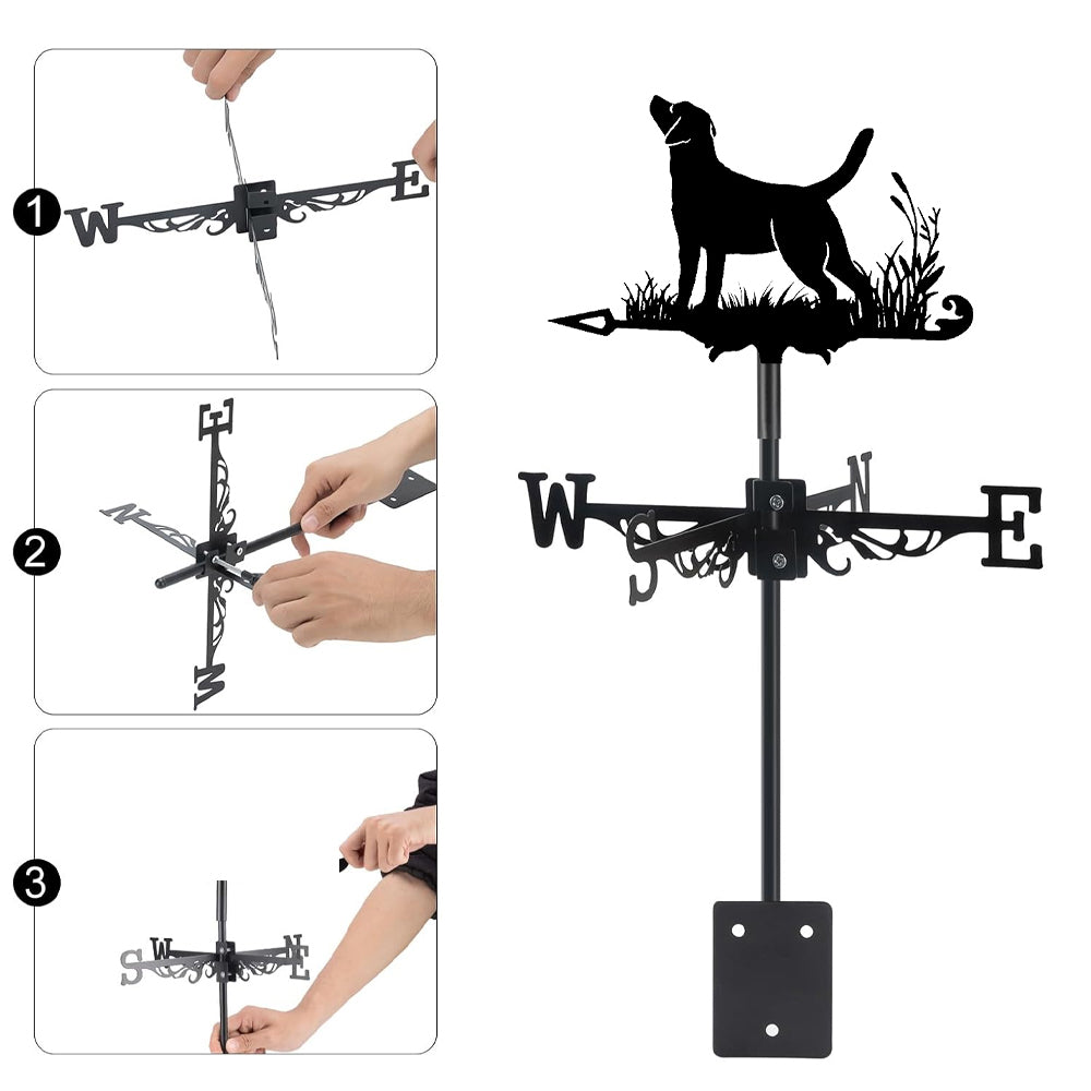 Labrador retriever metal weather vane with directional arrows and mounting rod, outdoor roof and garden decoration