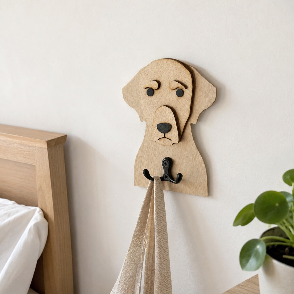 Wooden labrador dog wall hook key and leash holder for home entryway organizer