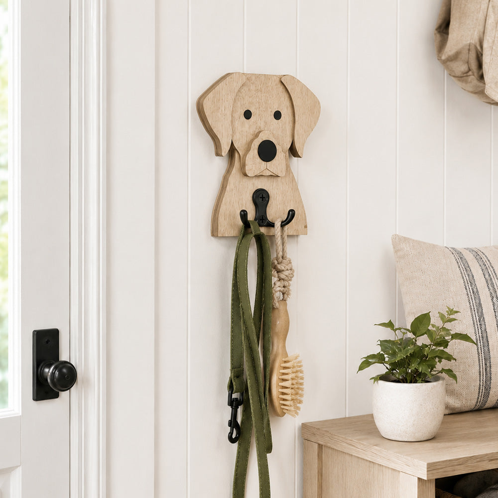Wooden labrador dog wall hook key and leash holder for home entryway