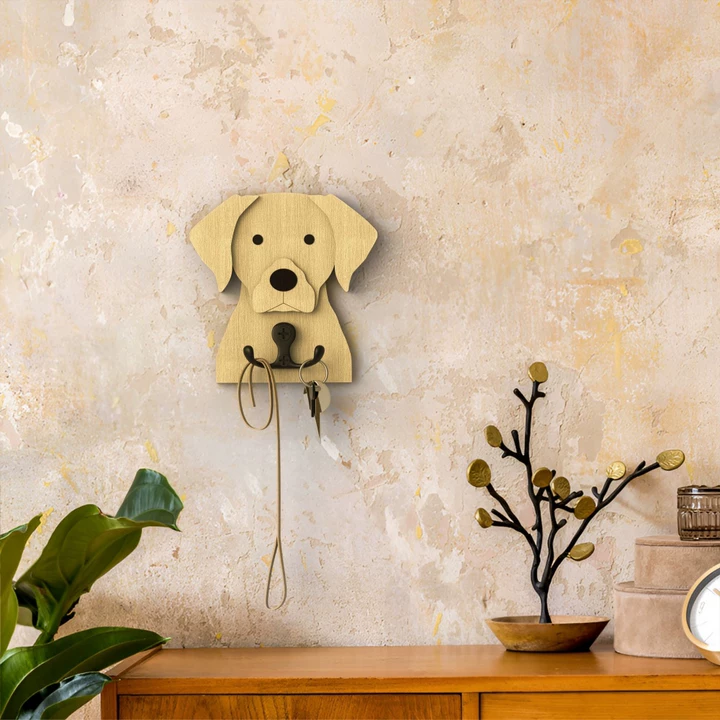 Wooden labrador dog wall hook key and leash holder for home entryway organizer