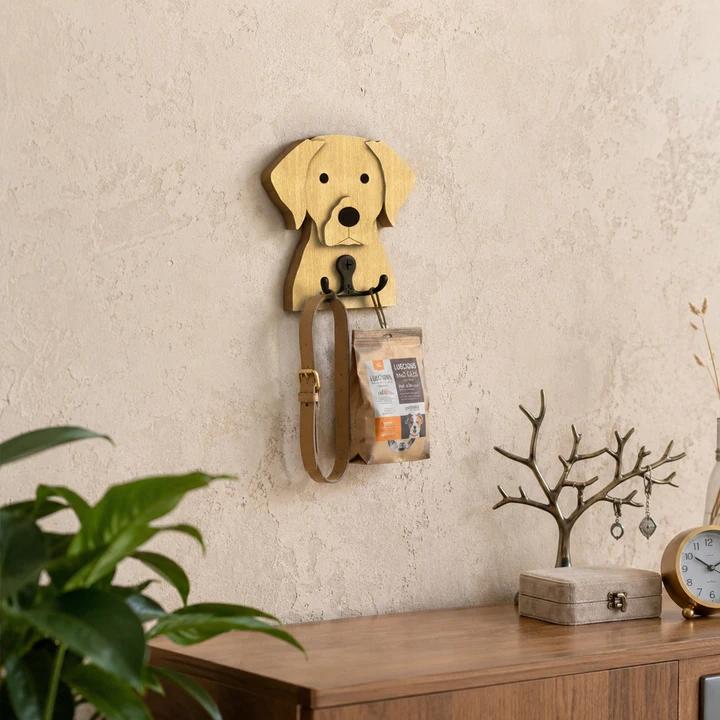 Wooden labrador dog wall hook key and leash holder for home entryway organizer