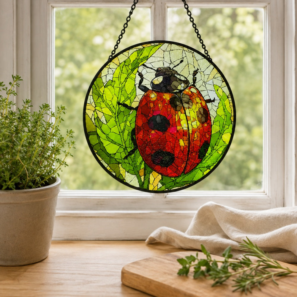 Ladybug on green leaves stained glass suncatcher window hanging, suitable for home and garden decoration
