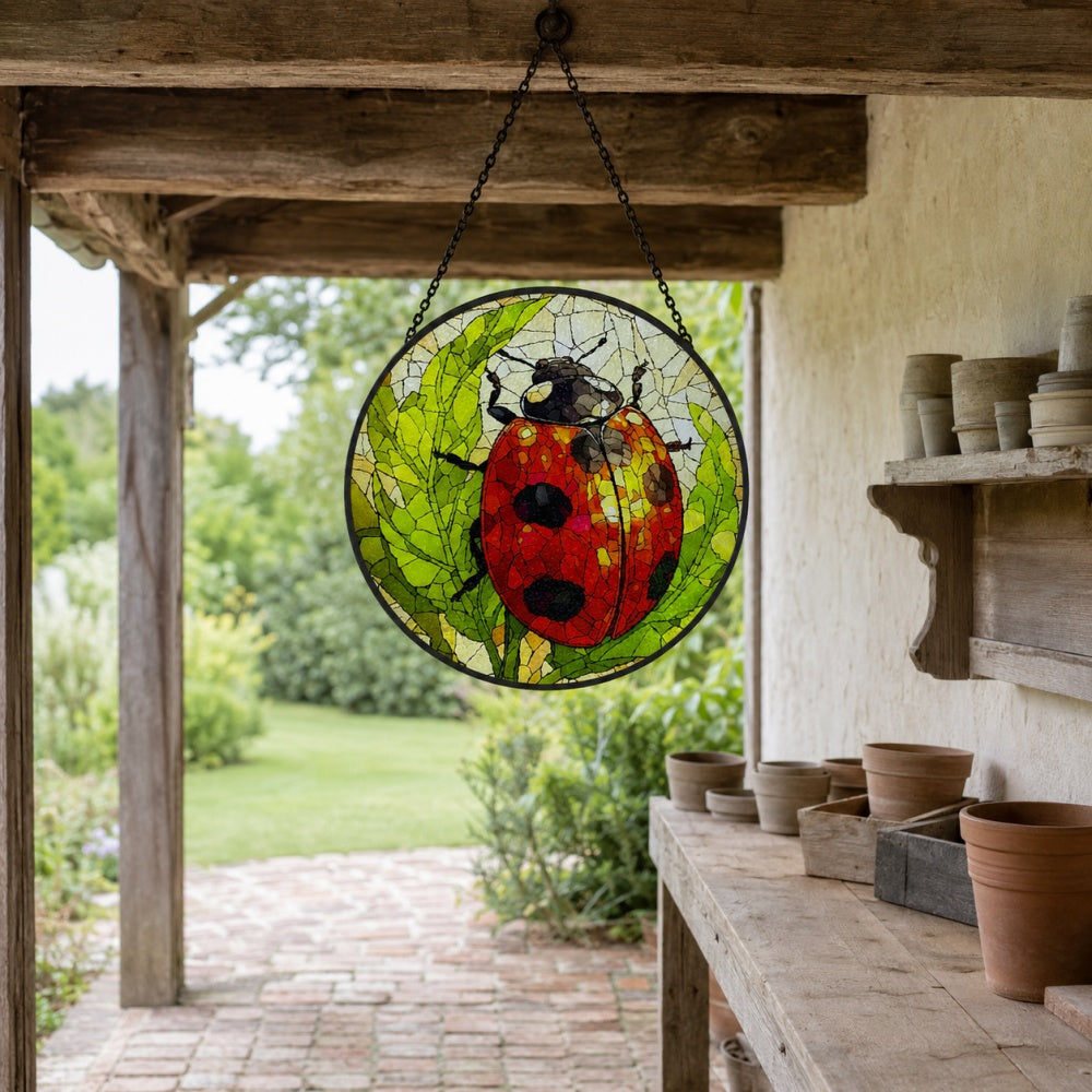 Ladybug on green leaves stained glass suncatcher window hanging, suitable for home and garden decoration