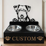 Personalized lakeland terrier metal dog bowl stand with custom name cutout and two removable feeding bowls