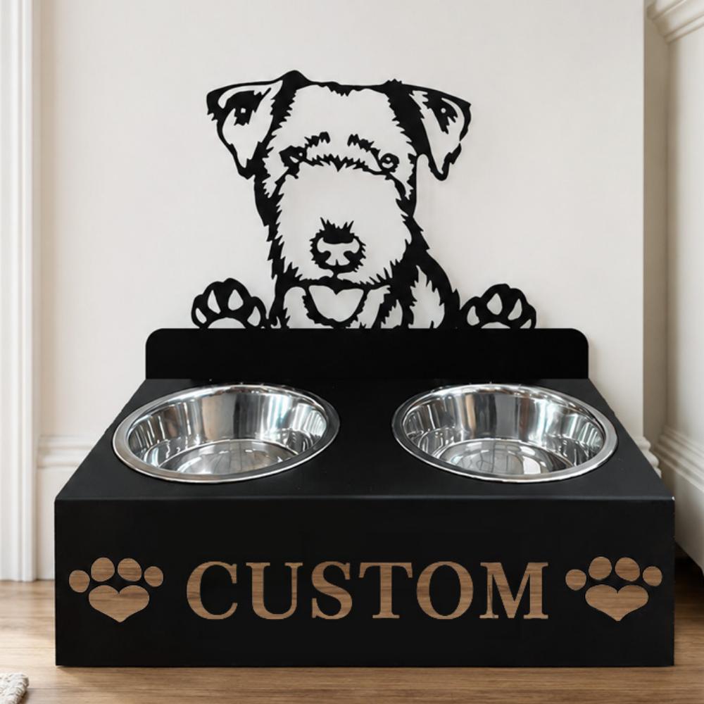 Personalized lakeland terrier metal dog bowl stand with custom name cutout and two removable feeding bowls