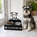 Personalized lakeland terrier metal dog bowl stand with custom name cutout and two removable feeding bowls