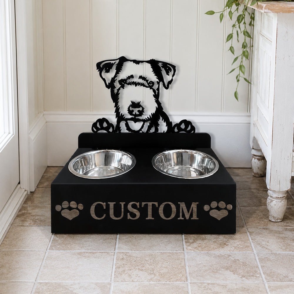 Personalized lakeland terrier metal dog bowl stand with custom name cutout and two removable feeding bowls