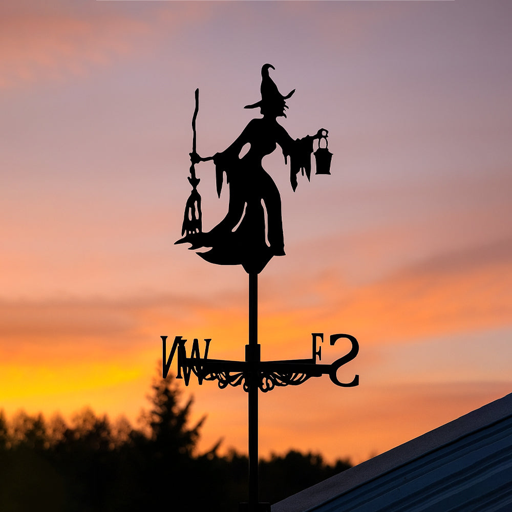 Lantern witch metal weather vane with directional arrows and mounting rod, outdoor roof and garden decoration