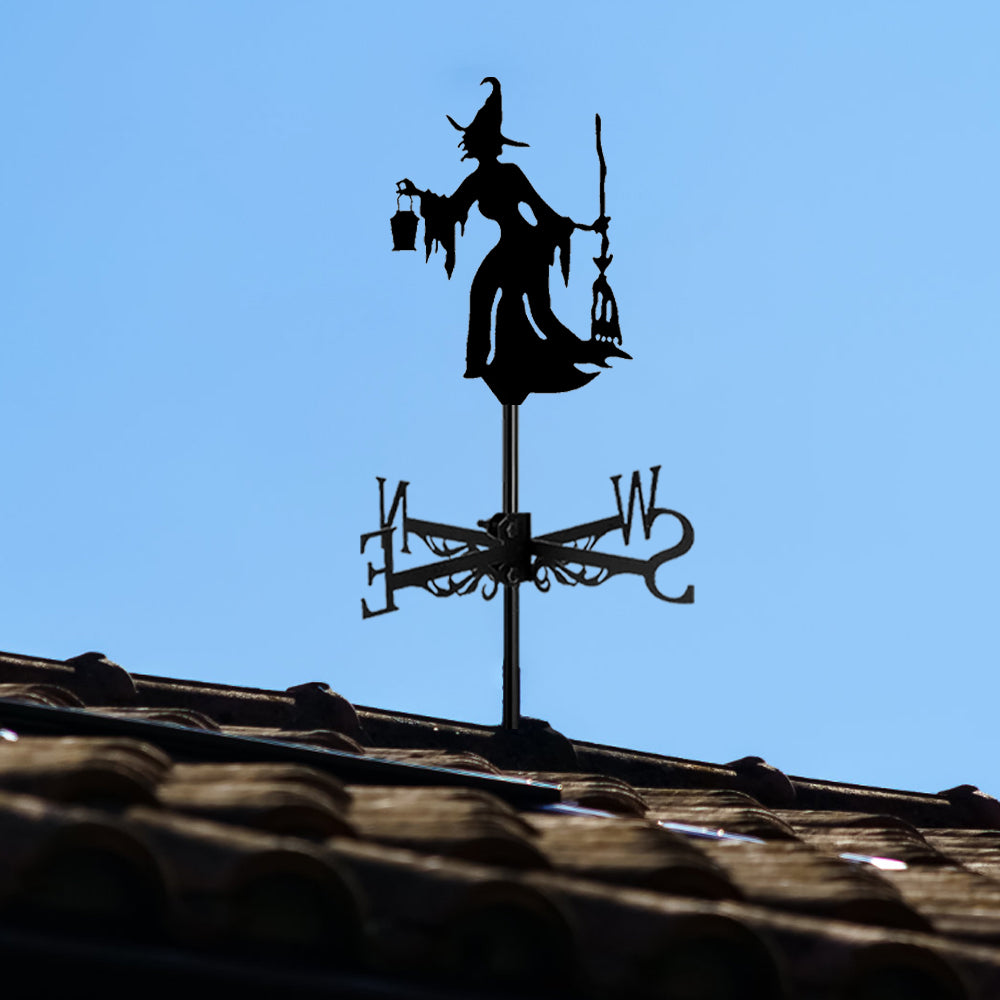 Lantern witch metal weather vane with directional arrows and mounting rod, outdoor roof and garden decoration