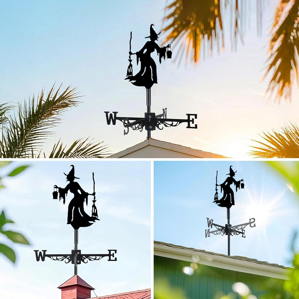 Lantern witch metal weather vane with directional arrows and mounting rod, outdoor roof and garden decoration