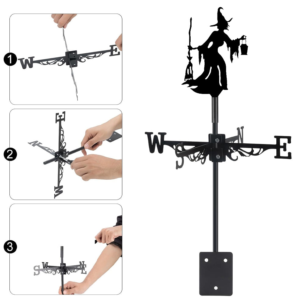 Lantern witch metal weather vane with directional arrows and mounting rod, outdoor roof and garden decoration