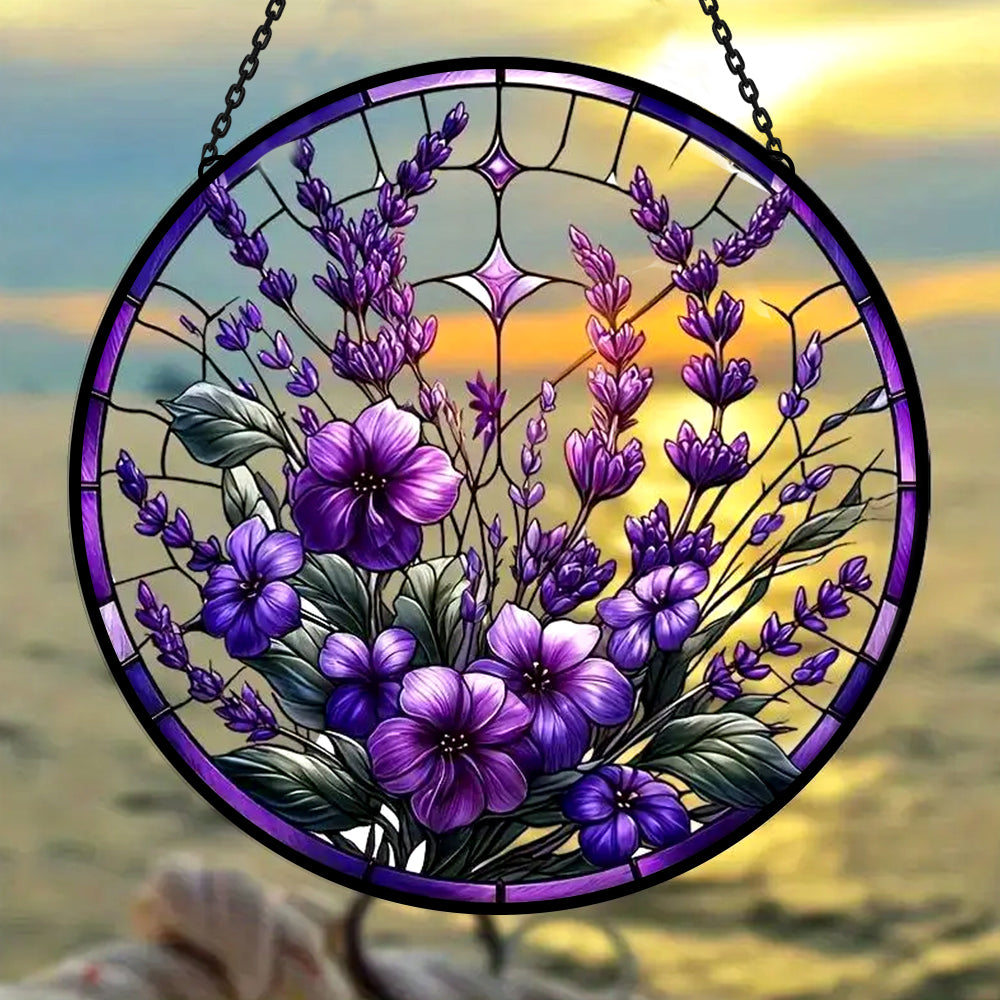 Lavender garden floral stained glass suncatcher window hanging, suitable for home and garden decoration