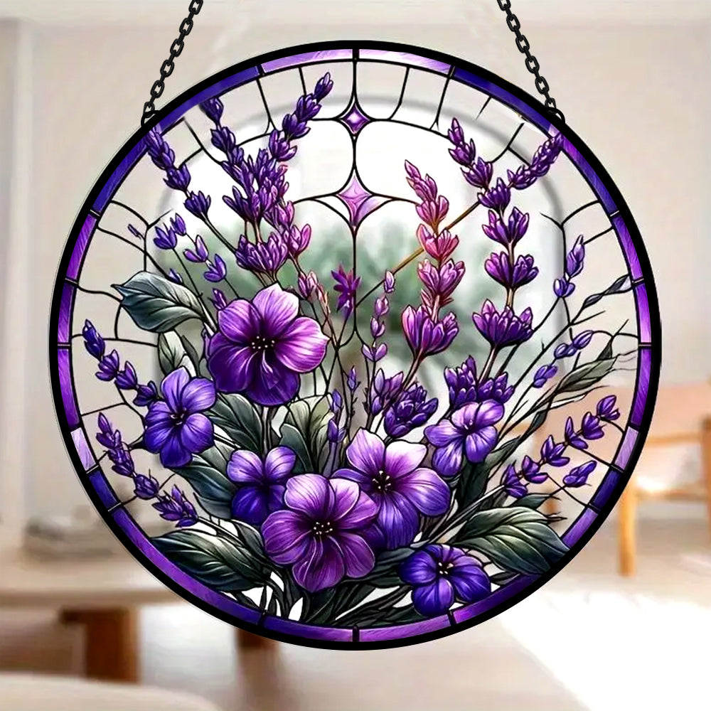 Lavender garden floral stained glass suncatcher window hanging, suitable for home and garden decoration