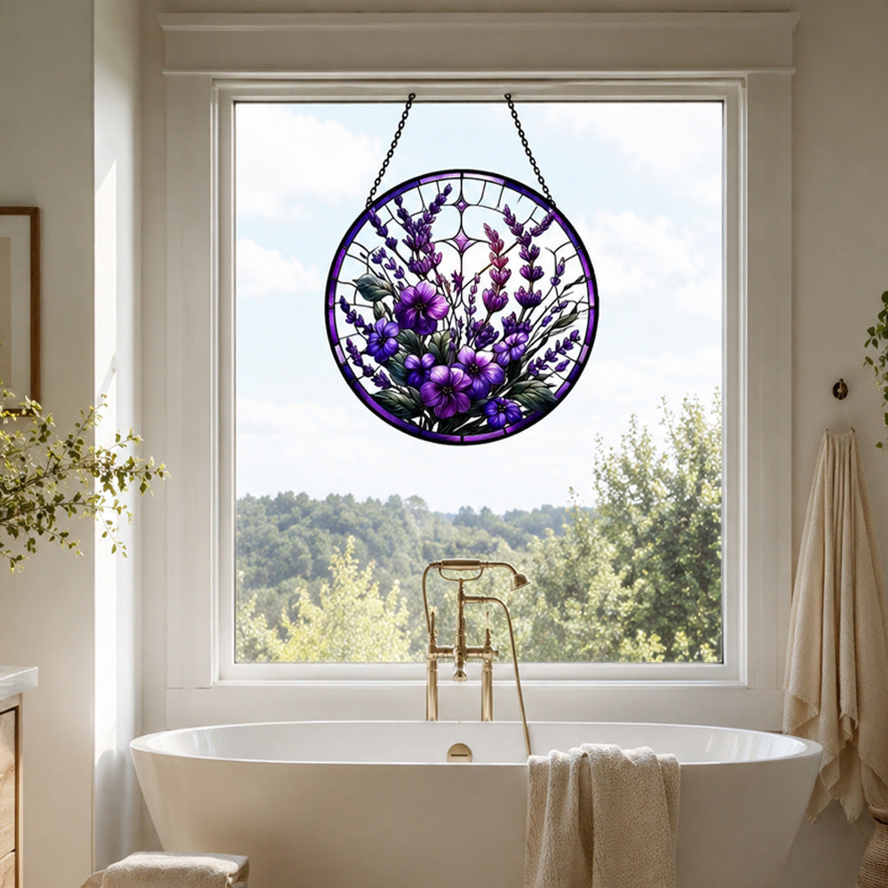 Lavender garden floral stained glass suncatcher window hanging, suitable for home and garden decoration