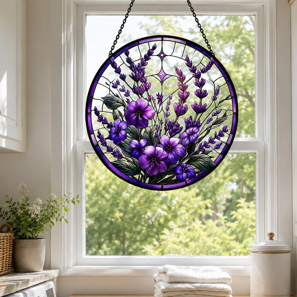 Lavender garden floral stained glass suncatcher window hanging, suitable for home and garden decoration