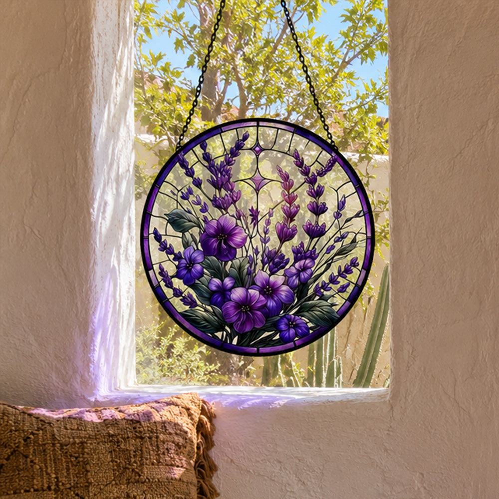 Lavender garden floral stained glass suncatcher window hanging, suitable for home and garden decoration