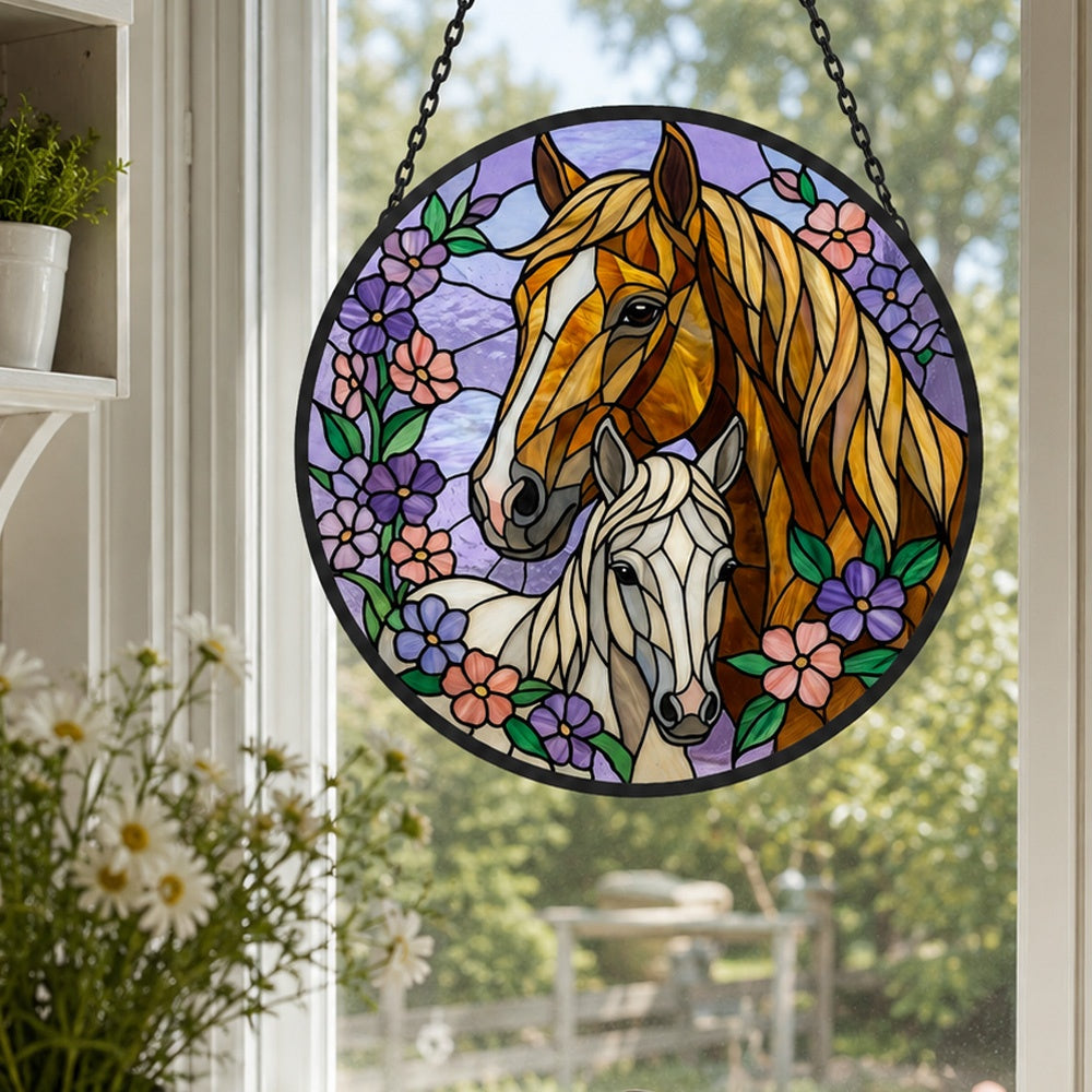 Lavender mare and foa stained glass suncatcher window hanging, suitable for home and garden decoration