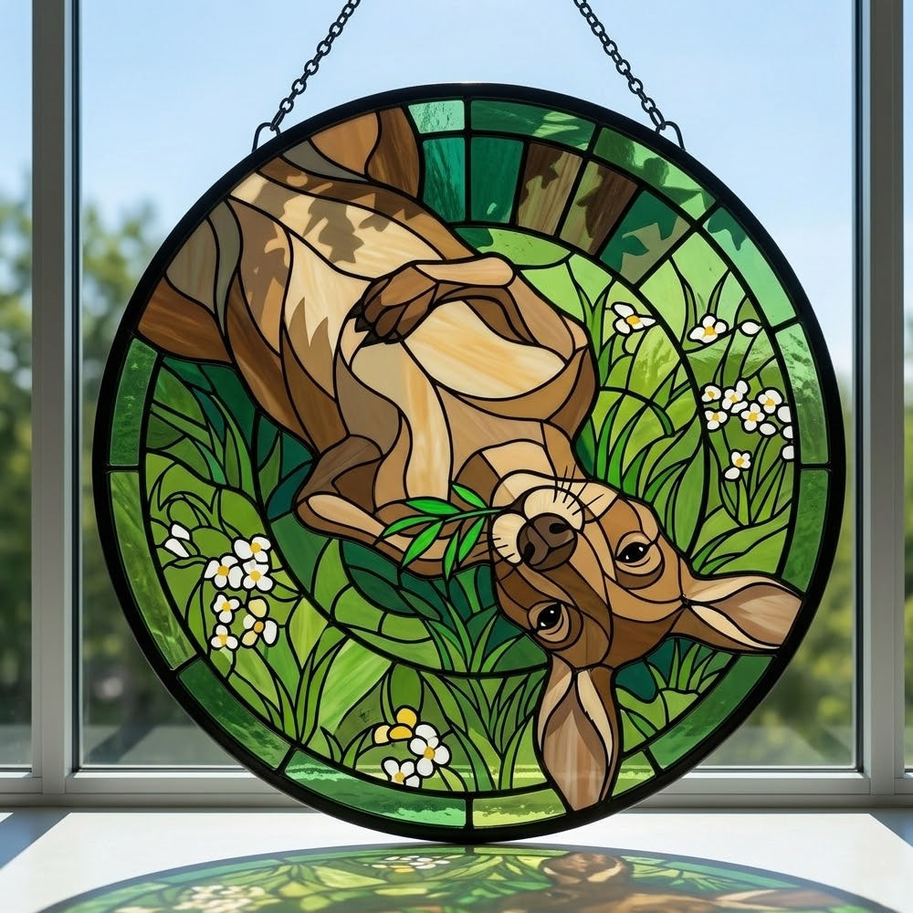 Lazy grassland kangaroo stained glass suncatcher window hanging, suitable for home and garden decoration