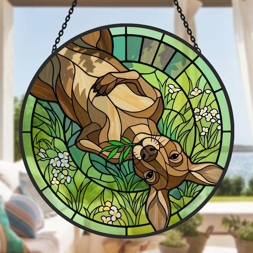 Lazy grassland kangaroo stained glass suncatcher window hanging, suitable for home and garden decoration