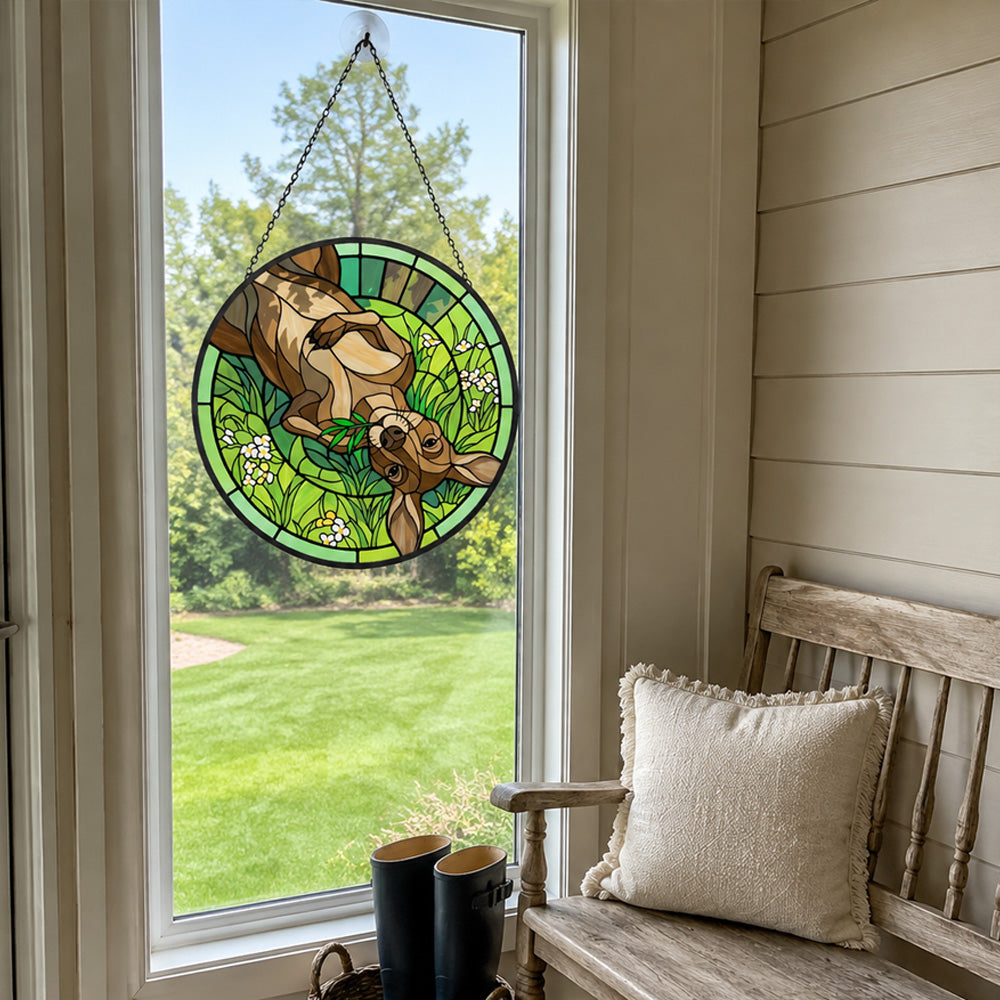 Lazy grassland kangaroo stained glass suncatcher window hanging, suitable for home and garden decoration