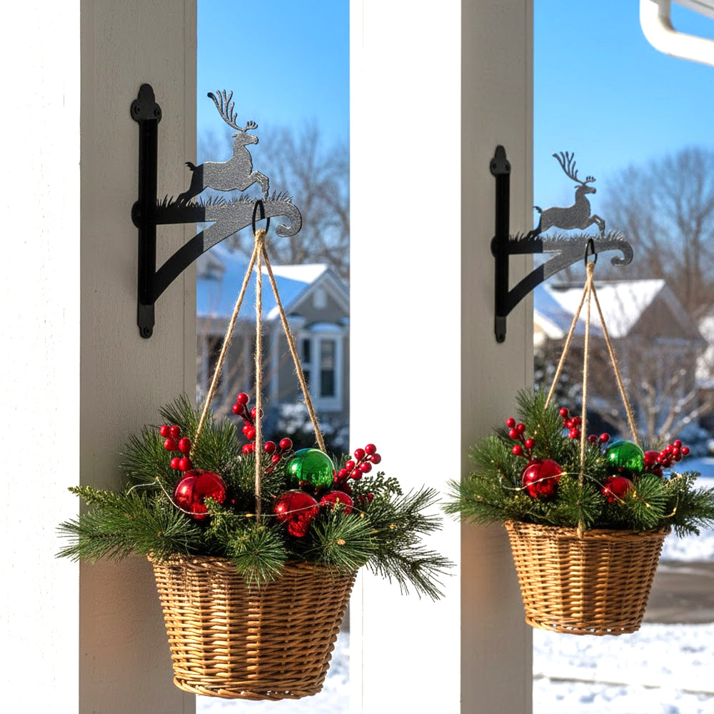 Leaping reindeer metal hanging basket bracket mounted on outdoor wall for plant decoration