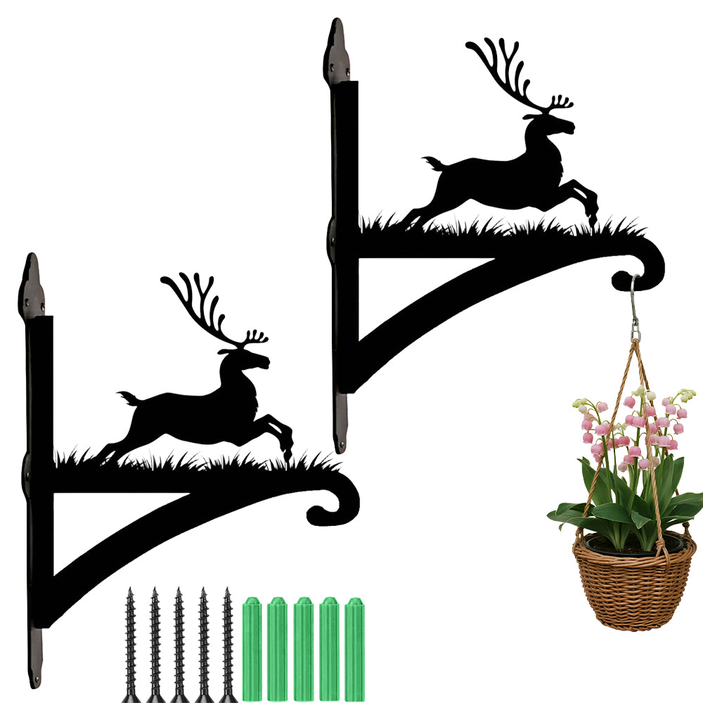 Leaping reindeer metal hanging basket bracket mounted on outdoor wall for plant decoration