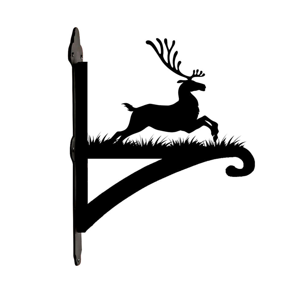 Leaping reindeer metal hanging basket bracket mounted on outdoor wall for plant decoration