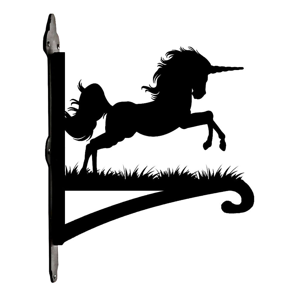 Leaping unicorn metal hanging basket bracket mounted on outdoor wall for plant decoration