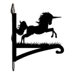 Leaping unicorn metal hanging basket bracket mounted on outdoor wall for plant decoration