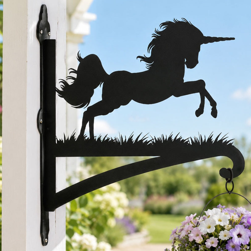 Leaping unicorn metal hanging basket bracket mounted on outdoor wall for plant decoration