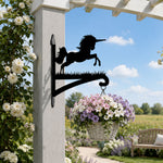 Leaping unicorn metal hanging basket bracket mounted on outdoor wall for plant decoration