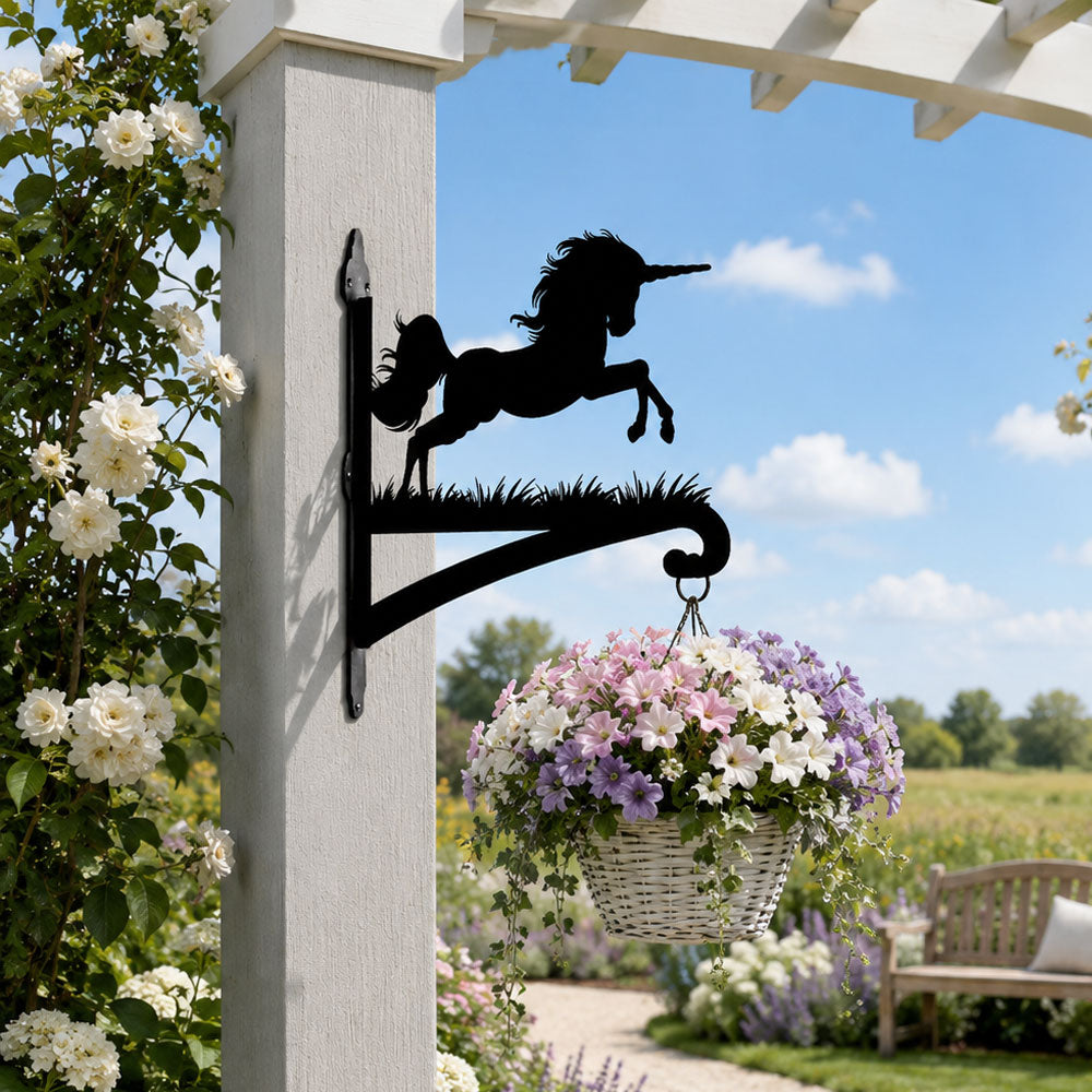 Leaping unicorn metal hanging basket bracket mounted on outdoor wall for plant decoration
