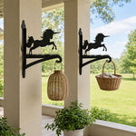 Leaping unicorn metal hanging basket bracket mounted on outdoor wall for plant decoration