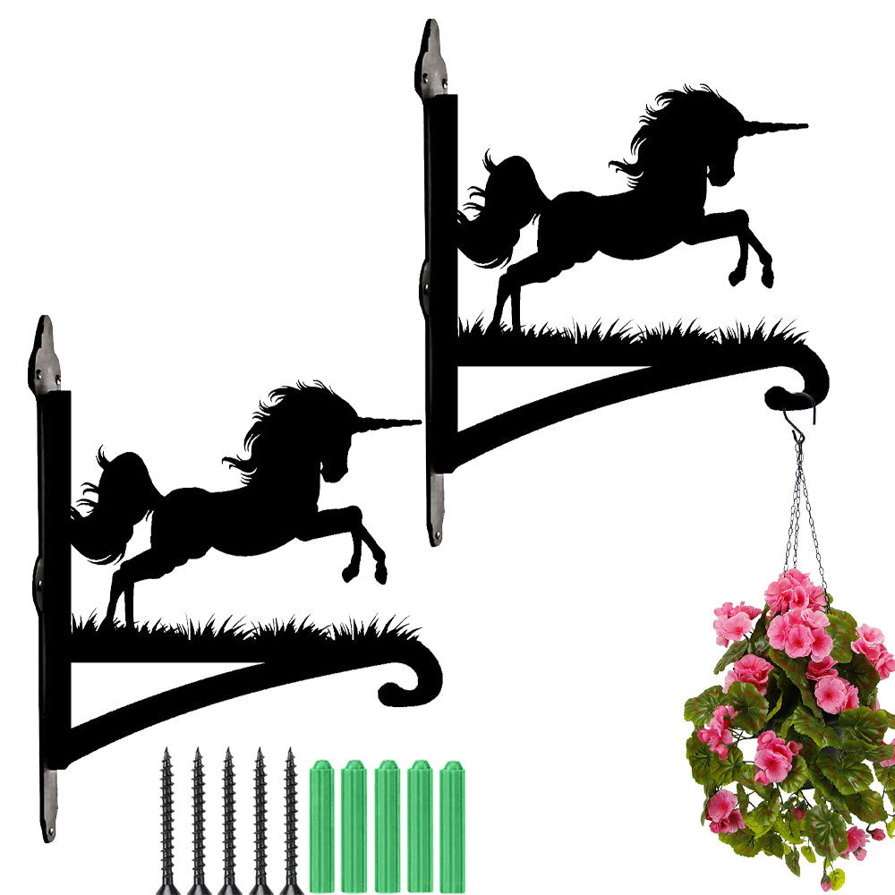 Leaping unicorn metal hanging basket bracket mounted on outdoor wall for plant decoration