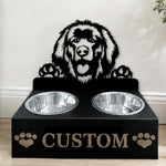 Personalized leonberger dog metal dog bowl stand with custom name cutout and two removable feeding bowls