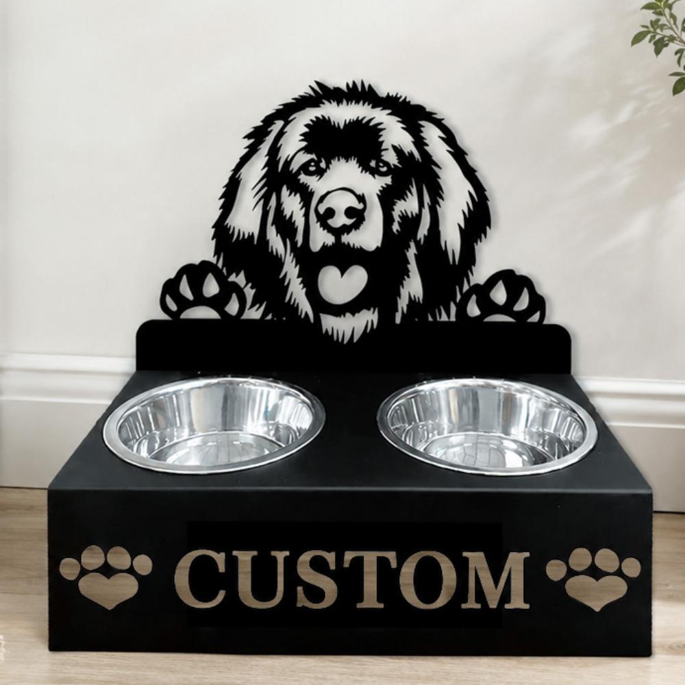 Personalized leonberger dog metal dog bowl stand with custom name cutout and two removable feeding bowls