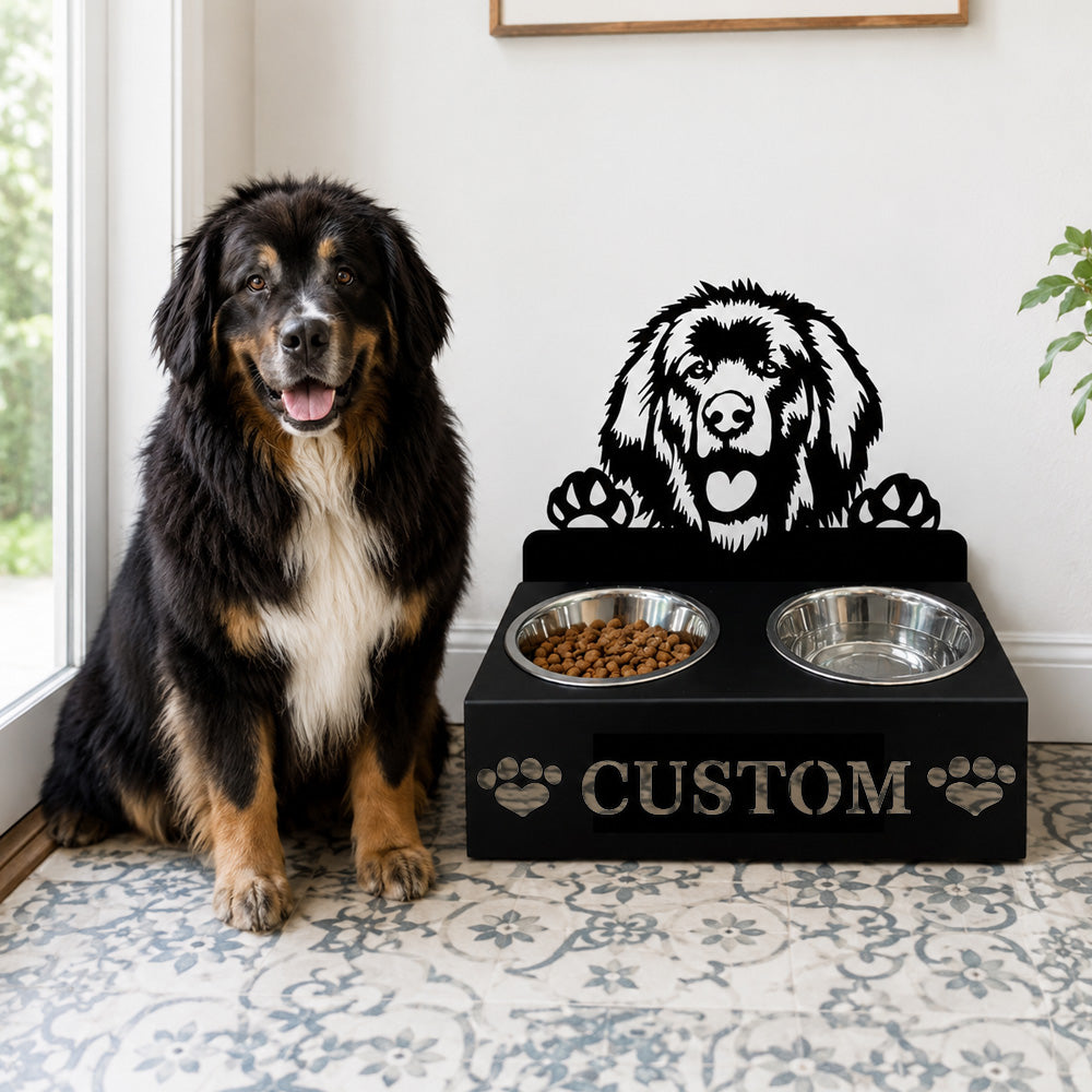 Personalized leonberger dog metal dog bowl stand with custom name cutout and two removable feeding bowls