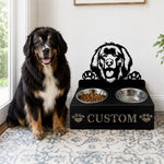 Personalized leonberger dog metal dog bowl stand with custom name cutout and two removable feeding bowls