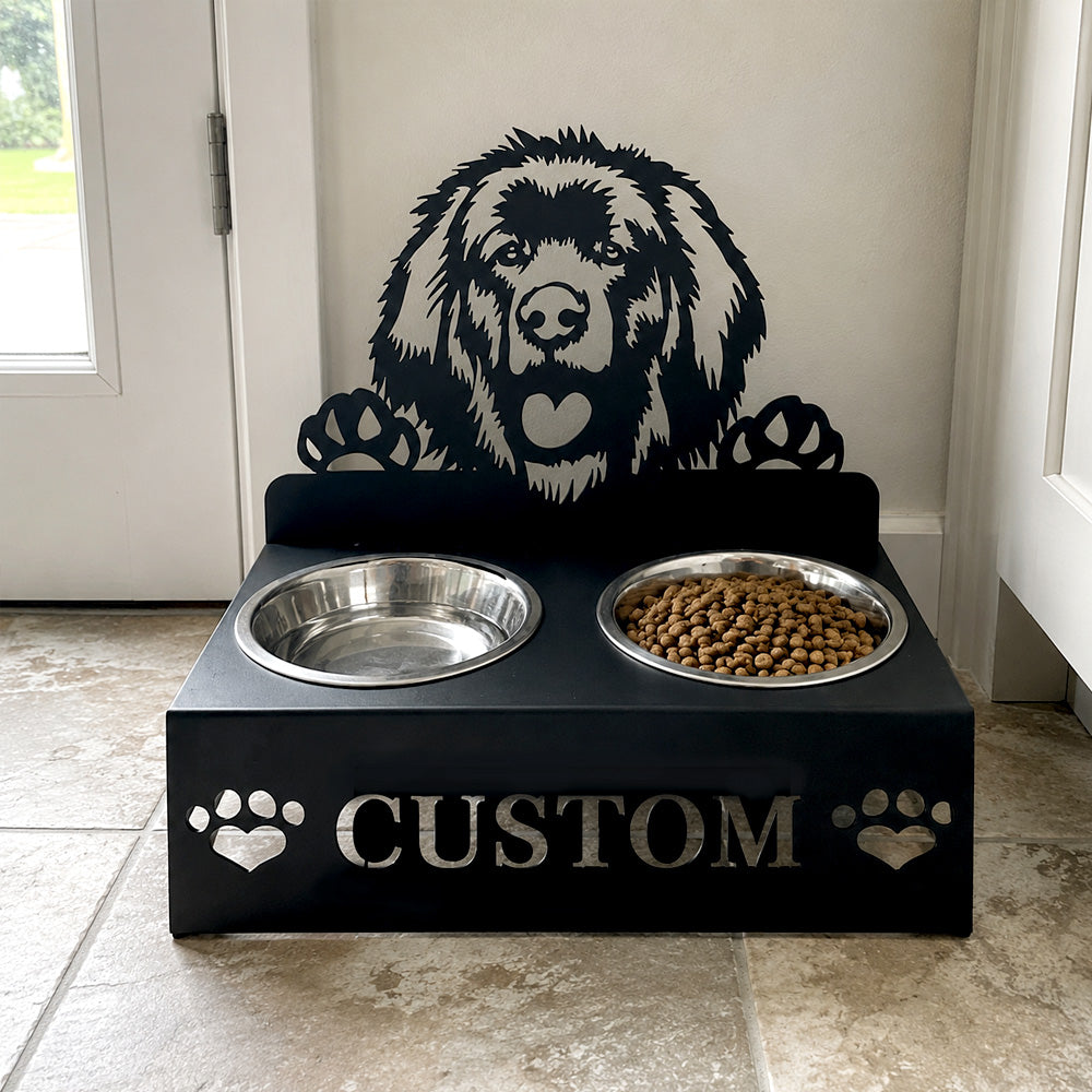 Personalized leonberger dog metal dog bowl stand with custom name cutout and two removable feeding bowls