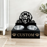 Personalized leonberger dog metal dog bowl stand with custom name cutout and two removable feeding bowls