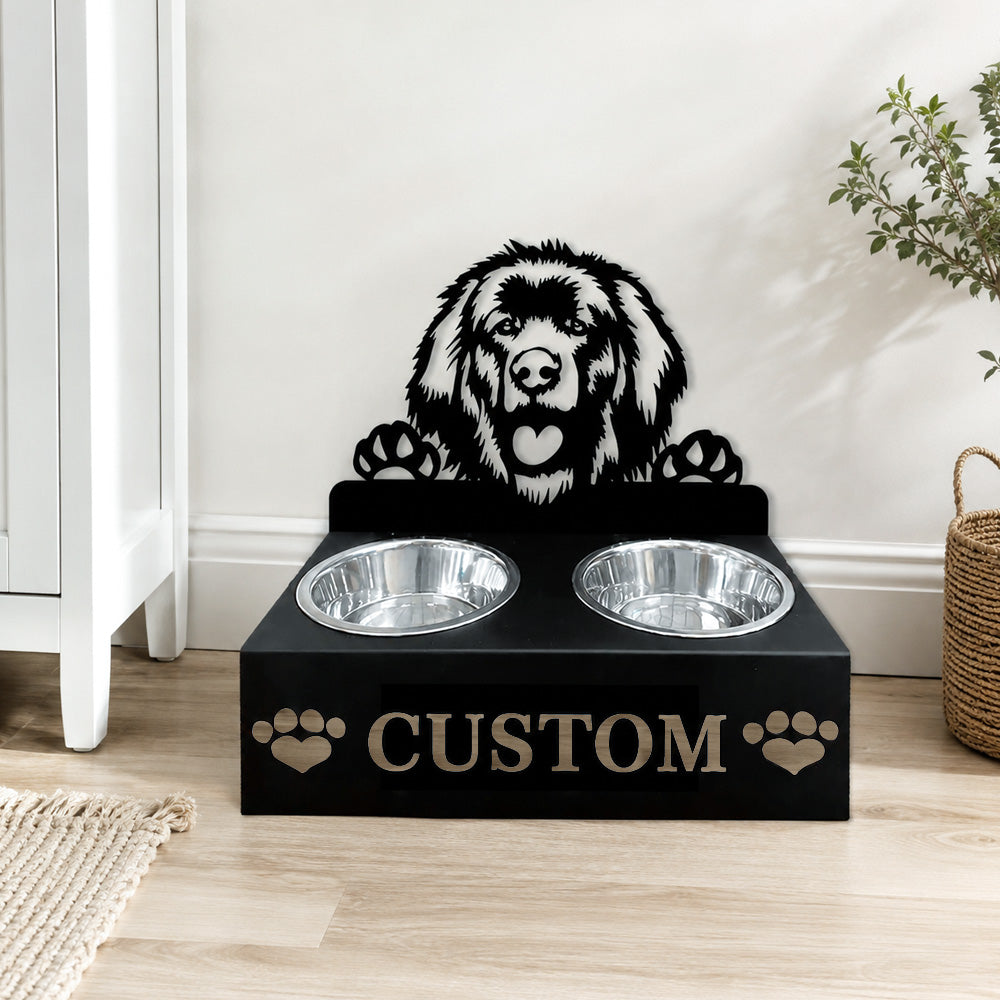 Personalized leonberger dog metal dog bowl stand with custom name cutout and two removable feeding bowls