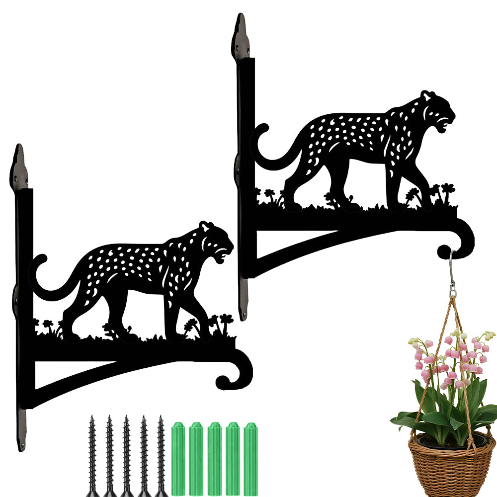 Leopard metal hanging basket bracket mounted on outdoor wall for plant decoration