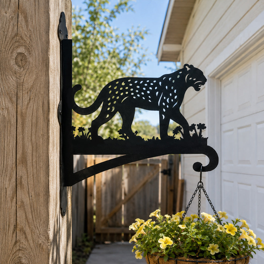 Leopard metal hanging basket bracket mounted on outdoor wall for plant decoration