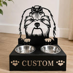 Personalized lhasa apso metal dog bowl stand with custom name cutout and two removable feeding bowls