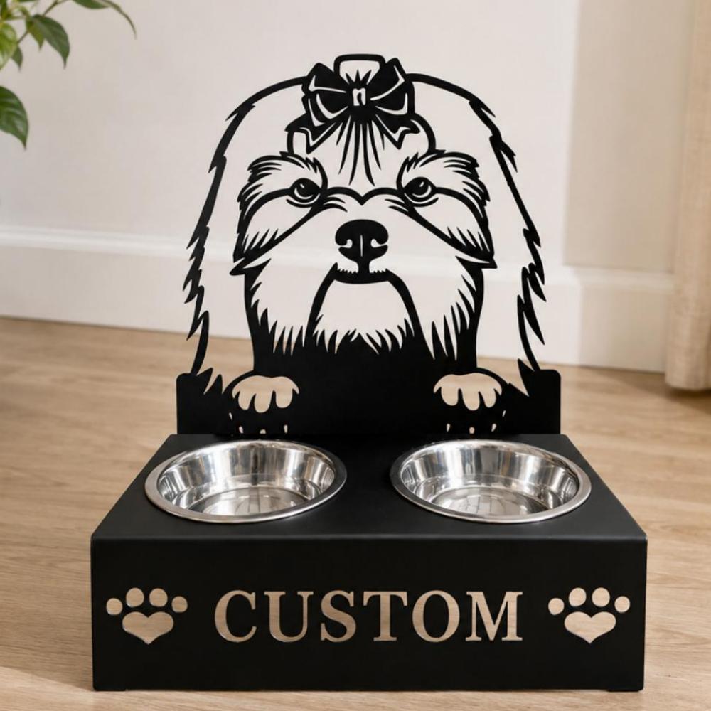 Personalized lhasa apso metal dog bowl stand with custom name cutout and two removable feeding bowls