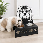 Personalized lhasa apso metal dog bowl stand with custom name cutout and two removable feeding bowls