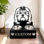Personalized lhasa apso metal dog bowl stand with custom name cutout and two removable feeding bowls