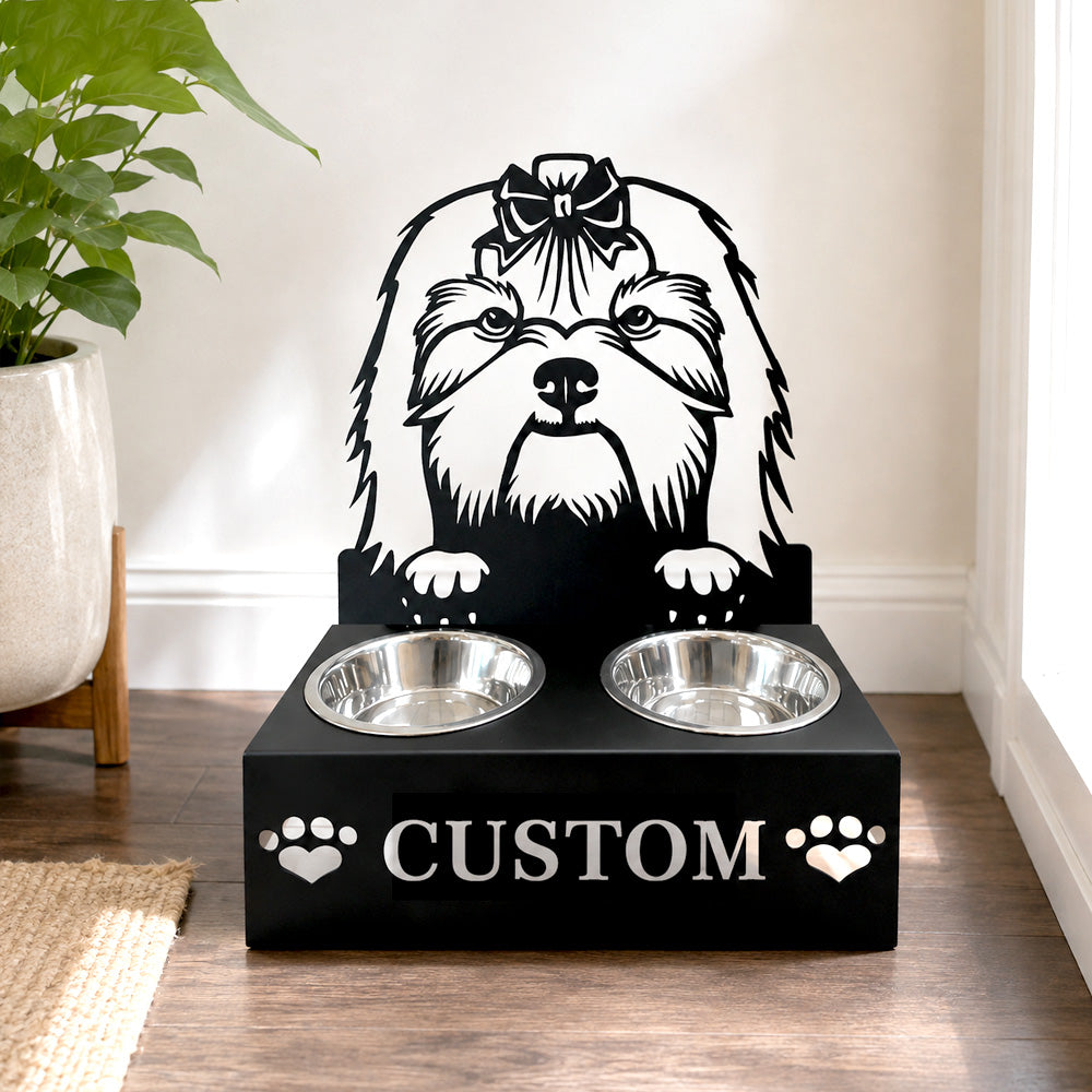Personalized lhasa apso metal dog bowl stand with custom name cutout and two removable feeding bowls
