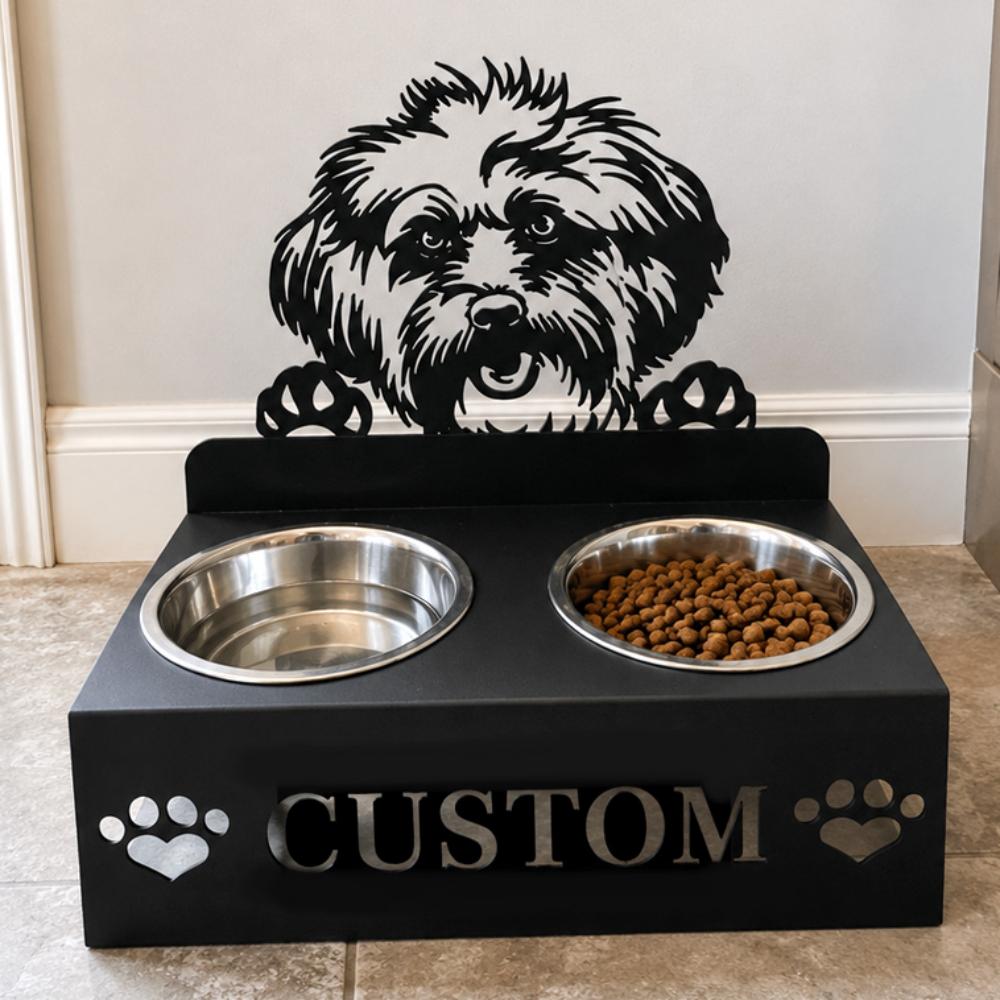 Personalized lhasa apso metal dog bowl stand with custom name cutout and two removable feeding bowls